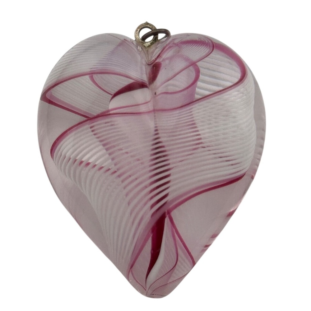Steven Maslach Heart‎ Pendant Pink White Ribbon Art Glass Unsigned